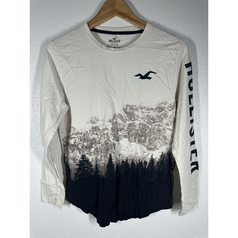 Hollister Long Sleeve Shirt Mens XS White Black Mountain Graphic Crewneck Logo